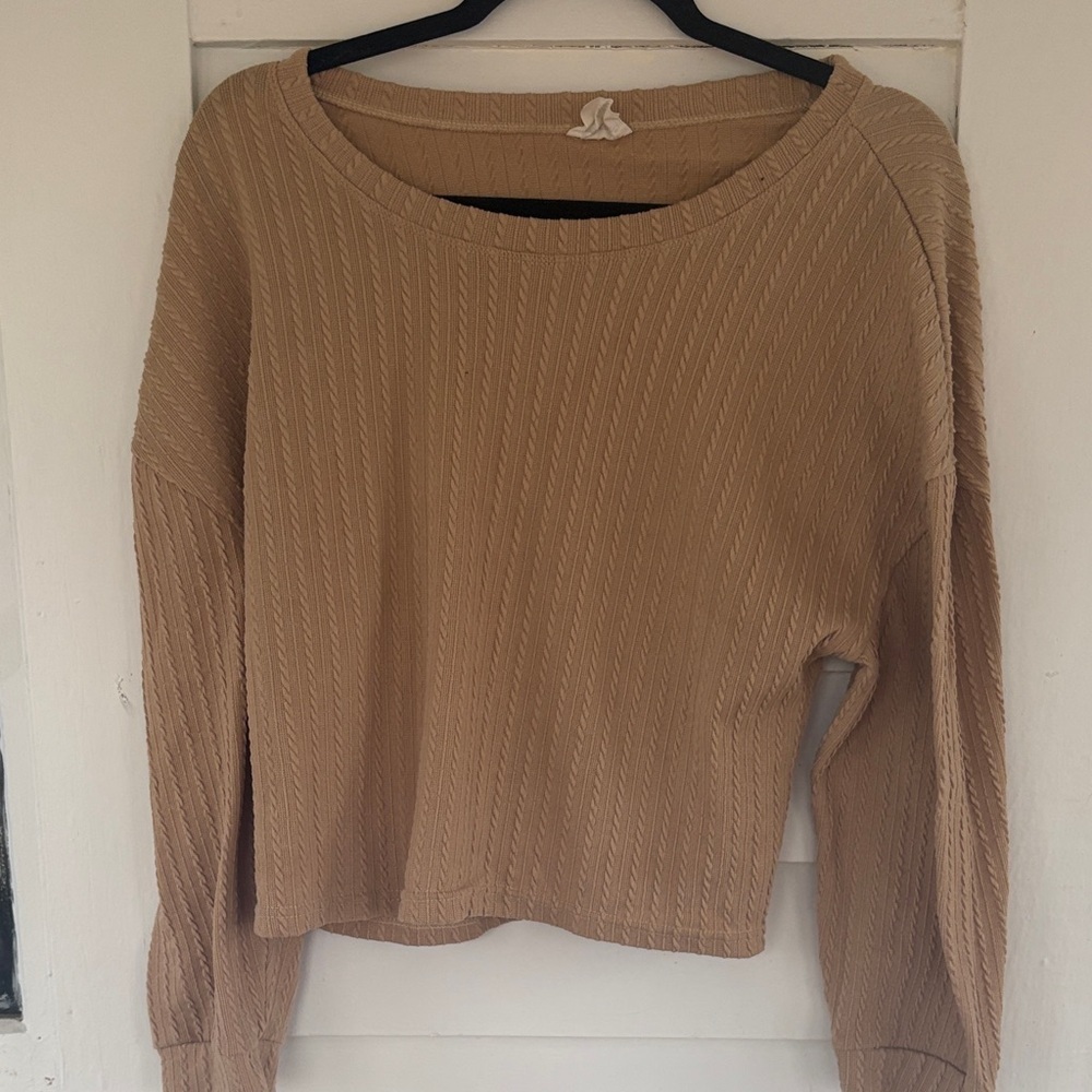 One Step Up Camel Ribbed Crewneck Top